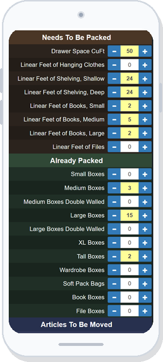 MoverCalcs Packing section on a phone showing items that need packing and boxes already packed.