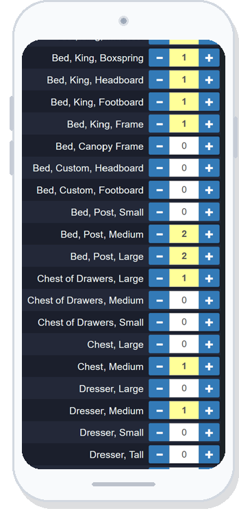 MoverCalcs Room Sheets inventory on a phone screen.